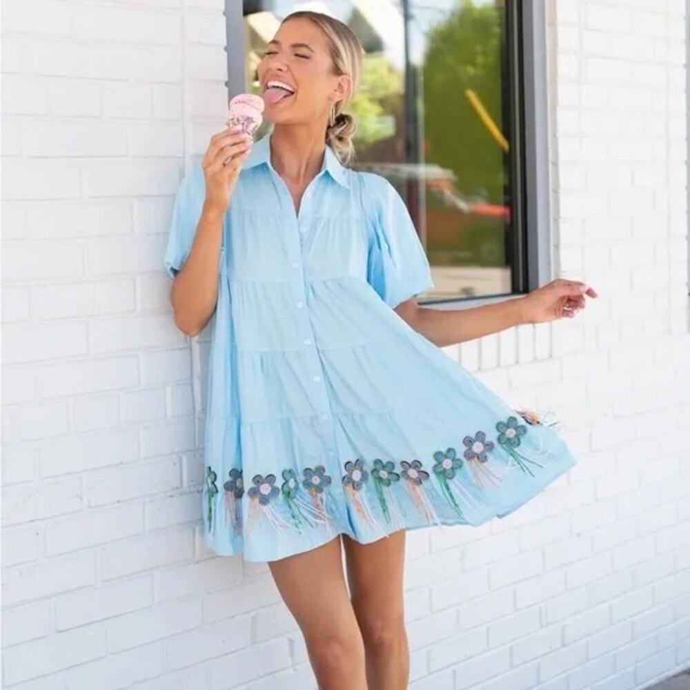 Queen of Sparkles Dress Mini Puff Sleeve Beaded Trim Flower Blue Babydoll Collar
